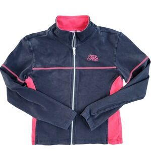 FILA y2k vintage Full Zip Track Jacket Pink Trim Navy Blue Retro Athleisure S‎